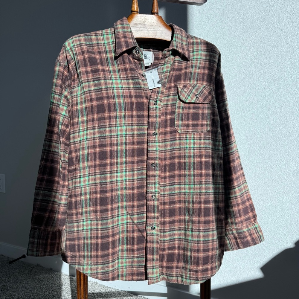 NWT BDG Urban Outfitters Flannel Shirt Men’s M Brown Green Plaid 💯 Cotton Fall